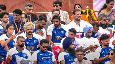 Leader of Opposition in Lok Sabha Rahul Gandhi with the Paris Olympics 2024 medal winning contingent and others during the 78th Independence Day celebration at the Red Fort, in New Delhi, Thursday, Aug. 15, 2024.