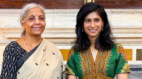 Union Finance Minister Nirmala Sitharaman with Deputy Managing Director of the International Monetary Fund Gita Gopinath, during a meeting, in New Delhi, Saturday, Aug. 17, 2024.