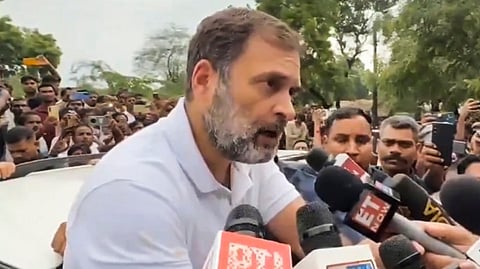 Leader of Opposition in Lok Sabha and Congress MP Rahul Gandhi speaks to the media after meeting the family of a Dalit man who was recently shot dead in Salon area, during his visit to Rae Bareli, Tuesday, Aug. 20, 2024.