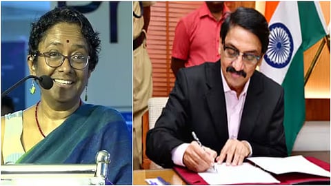 Outgoing Chief Secretary V Venu (R) and his wife Sarada Muraleedharan who will be succeded as the next Chief Secretary