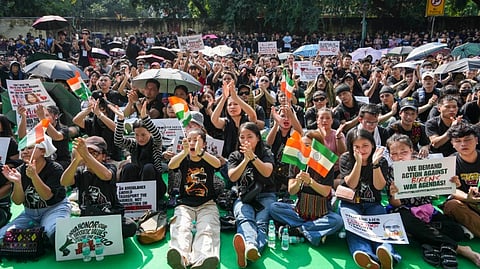 Kuki Student's Organisation members protest at Jantar Mantar against the alleged genocide campaign against the Kuki-Zo with a demand for urgent establishment of a Union Territory with a legislature for the Kuki-Zo, in New Delhi, Saturday, Aug. 31, 2024.