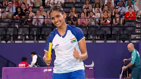 Indian para-badminton player Manisha Ramadass during her women's singles SU5 badminton event match at the Paralympics 2024, in France. Ramadass won the bronze medal in the event. 
