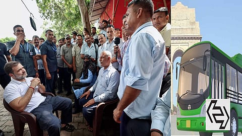 Leader of Opposition in the Lok Sabha Rahul Gandhi interacts with DTC employees