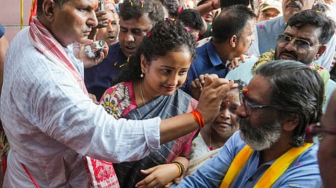 Jharkhand Chief Minister Hemant Soren at the new Jharkhand Bhavan, in New Delhi, Tuesday, Sept. 3, 2024. Soren's wife and JMM leader Kalpana Soren is also seen.