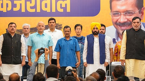 Delhi Chief Minister Arvind Kejriwal with Punjab CM Bhagwant Mann, Manish Sisodia and others during AAP workers' meeting, in New Delhi, Sunday, Sept. 15, 2024. 
