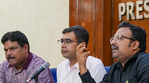 Representatives of West Bengal Junior Doctors' Front and Resident Doctors Associations (RDAs) at a joint press meet demanding justice for 'Abhaya' at Press Club of India, in New Delhi, Monday, Sept. 16, 2024.