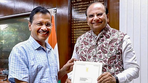 Delhi Chief Minister Arvind Kejriwal meets Lt Governor V K Saxena to tender his resignation and stake claim for forming a new government led by Atishi, in New Delhi, Tuesday, Sept. 17, 2024. 