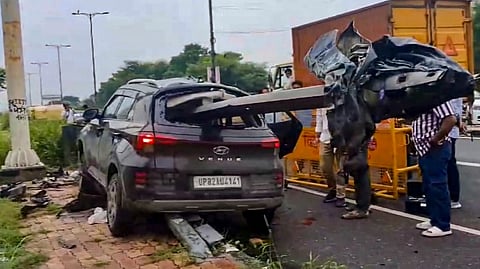 A damaged SUV that crashed into a guardrail, which pierced through the vehicle, near Rajghat, in New Delhi, Thursday, Sept. 19, 2024. 