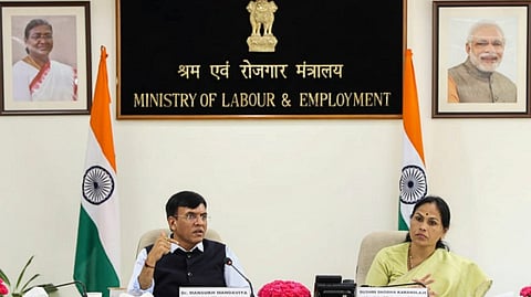 Union Minister of Labour and Employment Mansukh Mandaviya along with MoS Shobha Karandlaje during a meeting with the trade union members, in New Delhi.