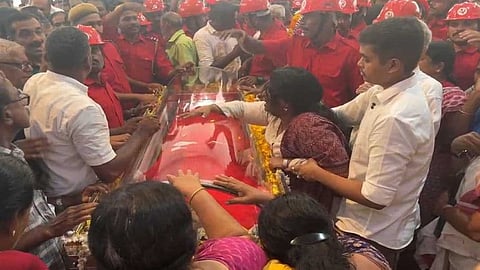 Mortal remains of M M Lawrence before being taken to the last rites