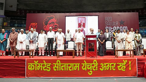 Kerala Chief Minister Pinarayi Vijayan, National Conference (JKNC) President Farooq Abdullah, CPI(M) leaders Manik Sarkar, Prakash Karat and Brinda Karat, CPI leader D Raja, SP leader Ram Gopal Yadav, DMK leader Kanimozhi, NCP (SP) leader Supriya Sule during the prayer meeting of late CPI (M) General Secretary Sitaram Yechury, in New Delhi, Saturday, Sept. 28, 2024.