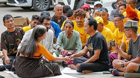 CPI(M) leader Brinda Karat visits climate activist Sonam Wangchuk during his hunger strike, at Ladakh Bhavan in New Delhi, Monday, Oct. 7, 2024. 