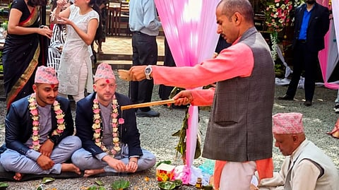 The first same sex marriage between a Nepali citizen and a US citizen being performed, in Kathmandu, Thursday, Oct. 10, 2024.