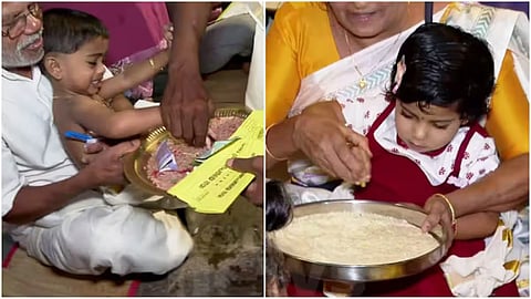 'Vidyarambham' ritual in Kerala during the auspicious Vijayadasami day