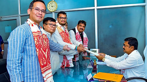 Congress MP Gaurav Gogoi with party candidate Tanzil Hussain (3rd from left) as the latter files nomination for Assam's Samaguri Assembly constituency bypoll, in Nagaon district of Assam, Thursday, Oct 24, 2024.