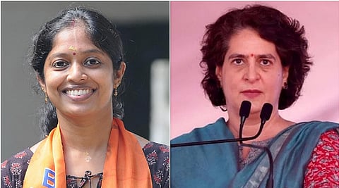  BJP's Navya Haridas (L) ,  Priyanka Gandhi (R)