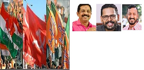 BJP-led NDA, C Krishnakumar (L), LDF's Dr P Sarin (M) and UDF candidate Rahul Mamkootathil (R)