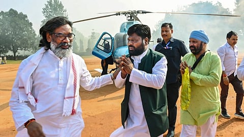 Jharkhand Chief Minister Hemant Soren arrives to address a public meeting for State Assembly elections, in Gumla district, Jharkhand, Sunday, Nov. 3, 2024.