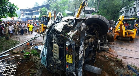 The overturned truck involved in the accident.