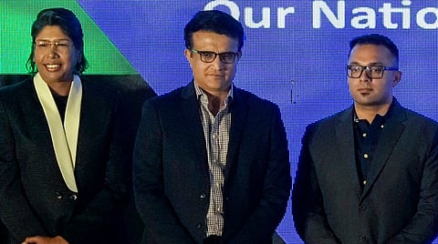 Former BCCI President Sourav Ganguly with former Indian cricketer Jhulan Goswami and Shivam Jayachandran Nair, son of highly decorated officer of the Indian Army Colonel Neelakantan Jayachandran Nair, after Cricket Association of Bengal (CAB) announced the renaming of stands at Eden Gardens, during a ceremony in Kolkata, West Bengal, Tuesday, Dec. 17, 2024. 