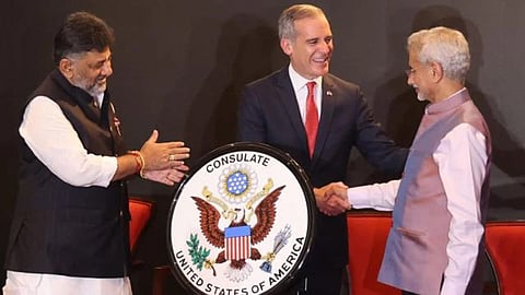 External Affairs Minister S Jaishankar with US Ambassador Eric Garcetti and Karnataka Dy CM D K Shivkumar during the inauguration of US consulate in Bengaluru