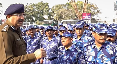 Central Reserve Police Force (CRPF) Commandant Anil Kumar briefs RAF personnel on crowd management, at New Delhi railway station, Monday, Feb. 17, 2025. 