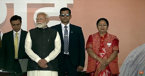 Debutant legislator Rekha Gupta was sworn in as Delhi chief minister along with six ministers on Thursday in a grand show of strength full of colour and spectacle to mark the BJP's return to power in the city after more than 26 years.