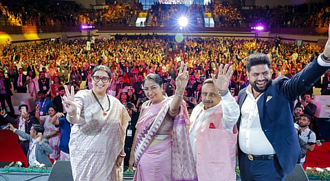 Delhi CM Rekha Gupta with former Union Minister Smriti Irani and Praveen Khandelwal attends Women Entrepreneurship Summit - 2025 in New Delhi.