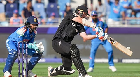 New Zealand's Michael Bracewell plays a shot during the ICC Champions Trophy 2025 final cricket match between India and New Zealand, in Dubai, UAE, Sunday, March 9, 2025.