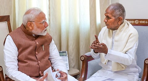 In this image released by @narendramodi via X on March 18, 2025, Prime Minister Narendra Modi with Rajya Sabha MP and musician Ilaiyaraaja during a meeting, in New Delhi.
