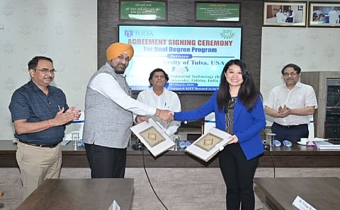  The KIIT-DU has signed an MoU with the University of Tulsa, Oklahoma, USA today to establish a dual degree program in B.Tech. The signing ceremony took place in the presence of Dr. Achyuta Samanta, Founder of KIIT and KISS marking a significant step towards international collaboration in higher education