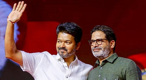 Tamilaga Vettri Kazhagam (TVK) chief and actor Vijay with Jan Suraaj chief Prashant Kishor during TVK's second anniversary celebrations, in Mamallapuram, Tamil Nadu, Wednesday, Feb. 26, 2025.