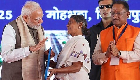 Prime Minister Narendra Modi during the foundation stone laying and inauguration of multiple development projects, in Bilaspur on Sunday, March 30, 2025.