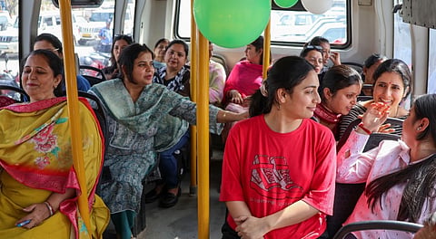 Women passengers in a bus after Jammu and Kashmir Chief Minister Omar Abdullah launched free bus service for women in the Union Territory, in Jammu, Tuesday, April 1, 2025.