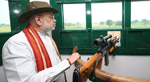 Union Home Minister Amit Shah during a visit to a forward post of BSF along the India-Pakistan border, in Kathua district, Jammu & Kashmir, Monday, April 7, 2025.