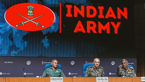 Director General of Military Operations (DGMO) Lt General Rajiv Ghai with Air Marshal AK Bharti and Vice Admiral AN Pramod during a press conference on 'Operation Sindoor', in New Delhi, Sunday, May 11, 2025.