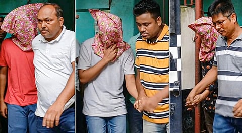 In this combo of three pictures, the accused who were arrested in connection with the alleged 'gang-rape' of a first-year student of a law college in south Kolkata, being produced at a city court, in Kolkata, Friday, June 27, 2025.