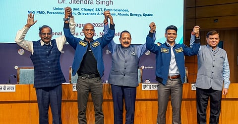 Union MoS Jitendra Singh, ISRO chief V Narayanan, astronaut and Group Captain Shubhanshu Shukla, Group Captain Prasanth Balakrishnan Nair during a joint press briefing after the successful accomplishment of Axiom-4 mission to the International Space Station and updates on Gaganyaan Mission, in New Delhi, Thursday, Aug. 21, 2025. 