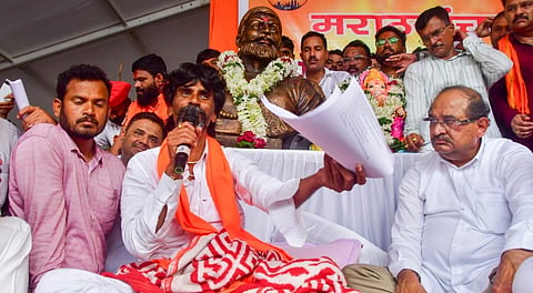 Activist Manoj Jarange Patil during his hunger strike demanding Maratha reservation, at Azad Maidan, in Mumbai, Tuesday, Sept. 2, 2025.