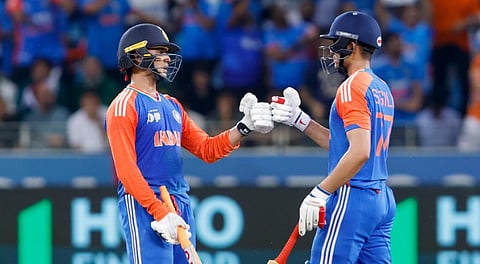 India's Abhishek Sharma celebrates his half century during the Asia Cup 2025 Super Four match between India and Pakistan, in Dubai, UAE.
