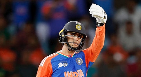 India's Abhishek Sharma celebrates after scoring a fifty during the Super Four match of the DP World Asia Cup 2025 between India and Bangladesh at the Dubai International Stadium, Dubai, UAE.