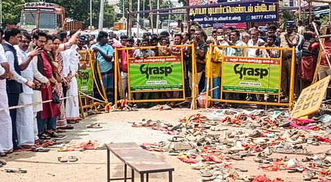 A BJP delegation led by MP and actor Hema Malini inspects the TVK rally stampede spot, in Karur district, Tamil Nadu, Tuesday, Sept. 30, 2025. 