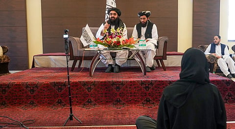 Afghanistan Foreign Minister Amir Khan Muttaqi during a press conference, in New Delhi, Sunday, Oct. 12, 2025.