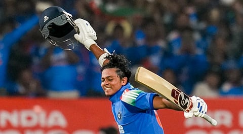 India's Yashasvi Jaiswal celebrates his century during the third ODI cricket match of a series between India and South Africa, at ACA-VDCA Cricket Stadium, in Visakhapatnam, Andhra Pradesh, Saturday, Dec. 6, 2025.
