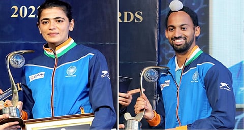 Star midfielder Hardik Singh(R) and striker Navneet Kaur (L)