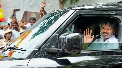 Tamilaga Vettri Kazhagam (TVK) chief Vijay arrives at the party headquarters after he wins the Tamil Nadu Assembly elections, at Panaiyur, in Chennai, Tuesday, May 05, 2026.