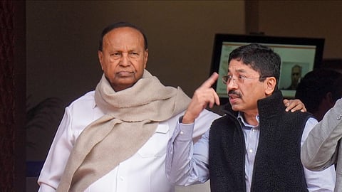 DMK MPs TR Baalu, left, and Dayanidhi Maran after the presentation of the 'Union Budget 2026-27', at the Parliament House, in New Delhi, Sunday, Feb. 1, 2026.