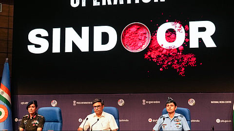 Foreign Secretary Vikram Misri with Army's Col Sofiya Qureshi and IAF Wing Commander Vyomika Singh during a press conference regarding 'Operation Sindoor', in New Delhi, Wednesday, May 7, 2025.