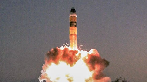 Advanced Agni missile with MIRV (Multiple Independently Targeted Re-Entry Vehicle) system takes off from Dr. APJ Abdul Kalam Island on May 8, in Odisha.