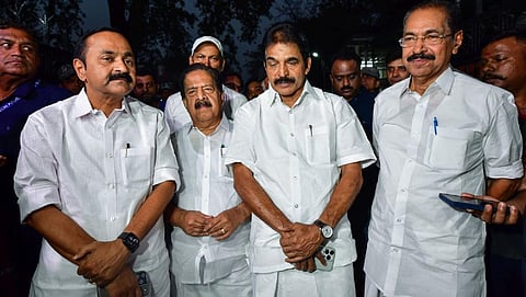 ( L to R )   V D Satheesan, senior leaders Ramesh Chennithala, AICC general secretary (Organisation) K C Venugopal, KPCC chief Sunny Joseph